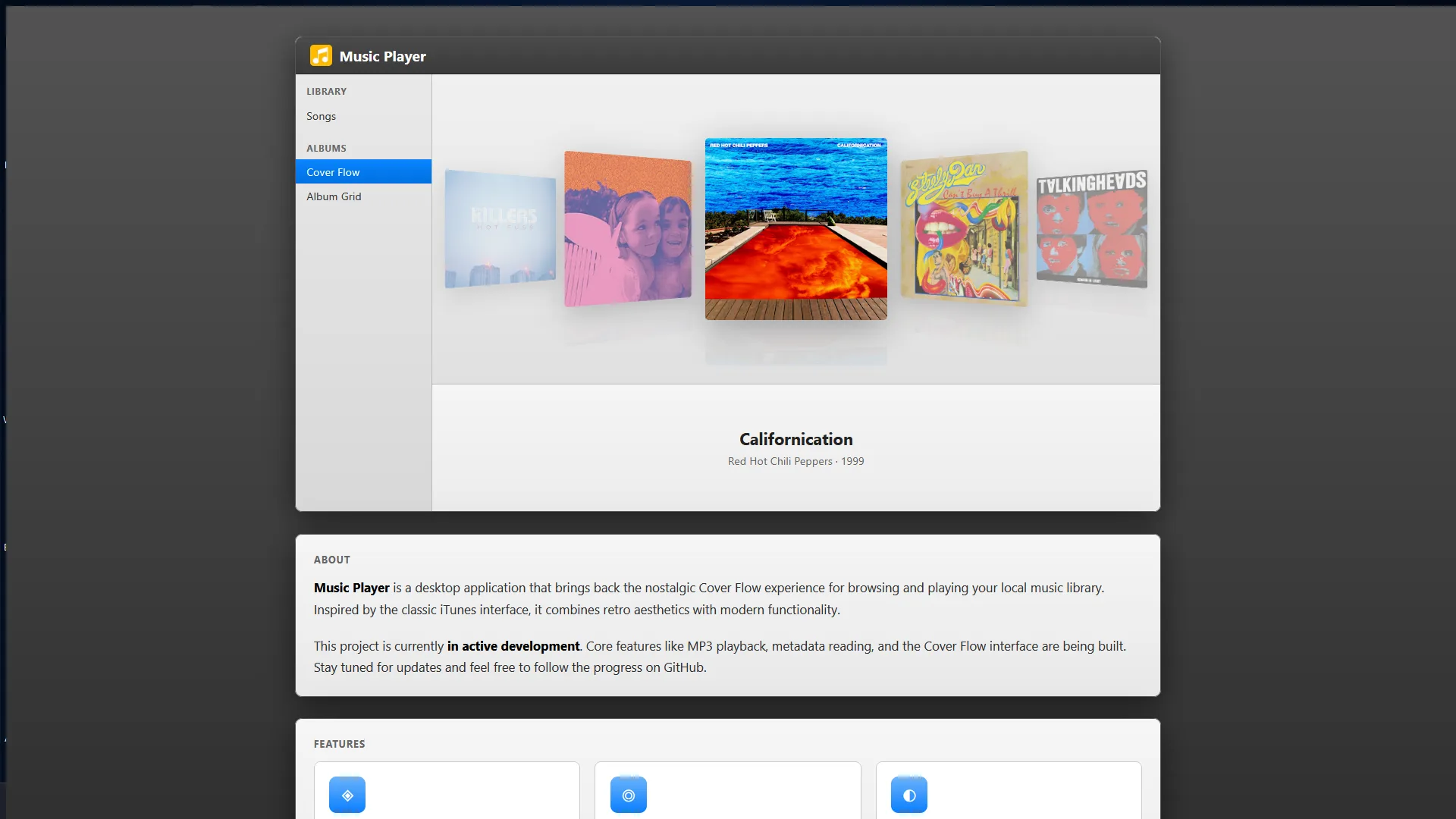 Music Player - A nostalgic music player with Cover Flow album browsing, inspired by mid-2000s i...