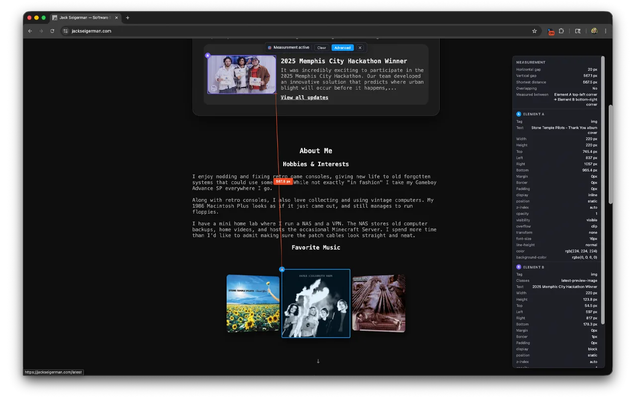 PixelSpan's Advanced Mode panel beside a measured page, listing horizontal gap, vertical gap, and shortest distance, plus box model and computed style details for both selected elements.